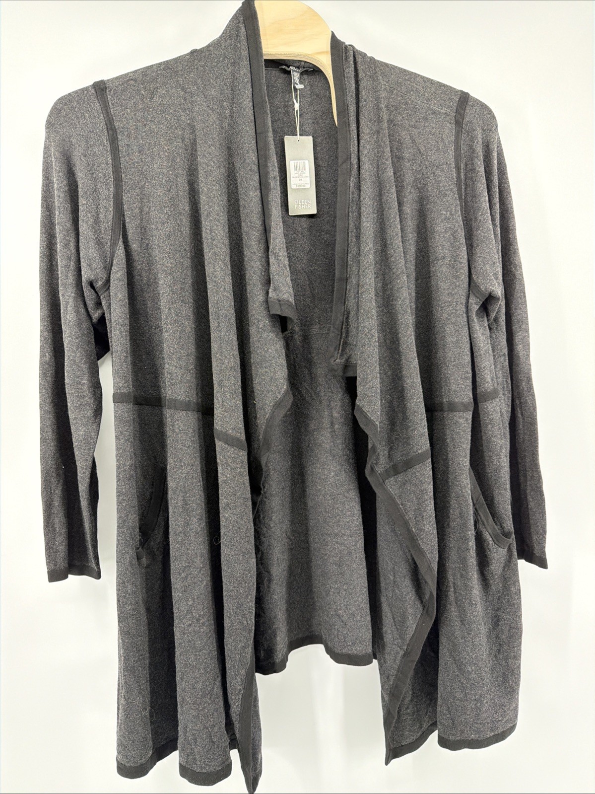 Eileen Fisher Woman Charcoal Black Drape Front Cardigan $378 NEW 3X READ