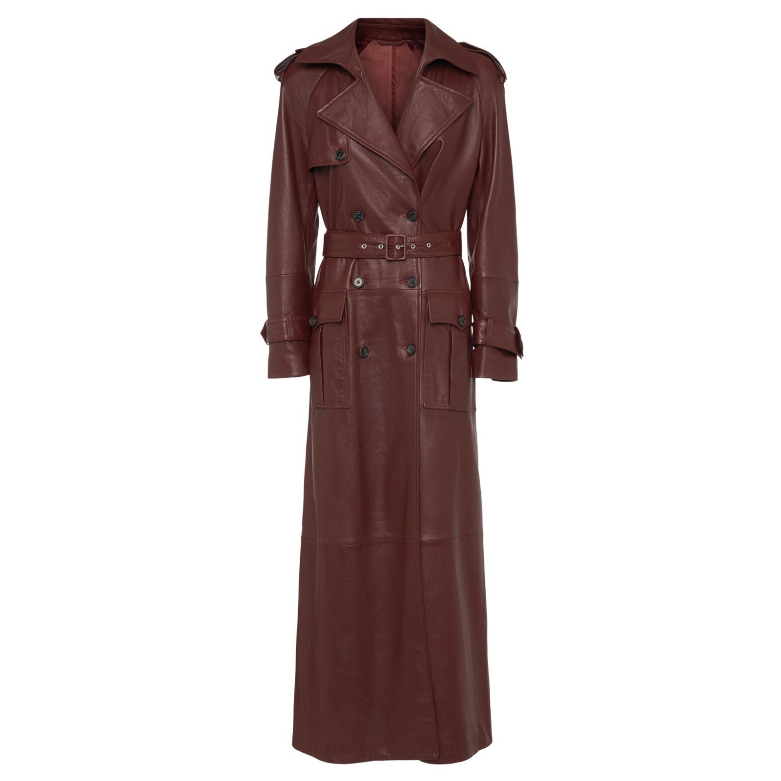 Women Genuine Leather Trench Coat Dark Brown Maxi Belted Double Breasted