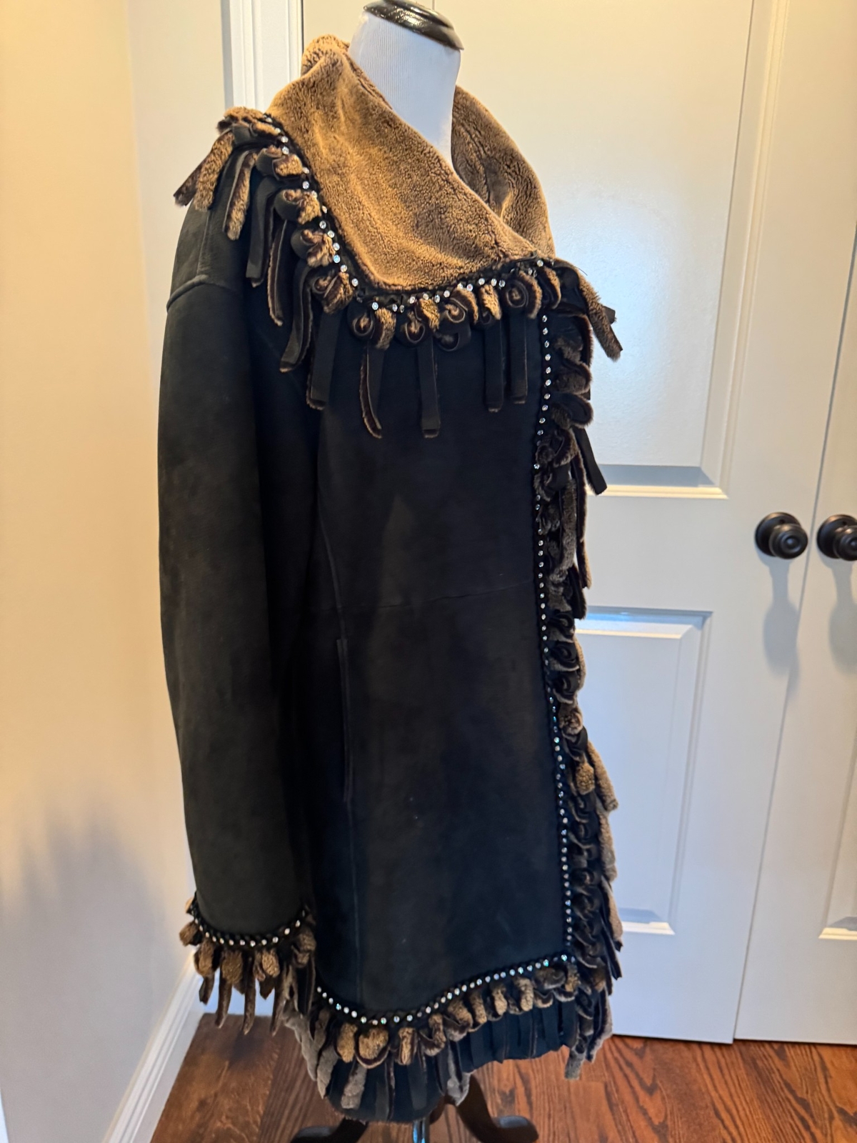 Sinclair Charcoal Gray Suede Shearling Coat Fringes SZ IT 44/US 10 EUC
