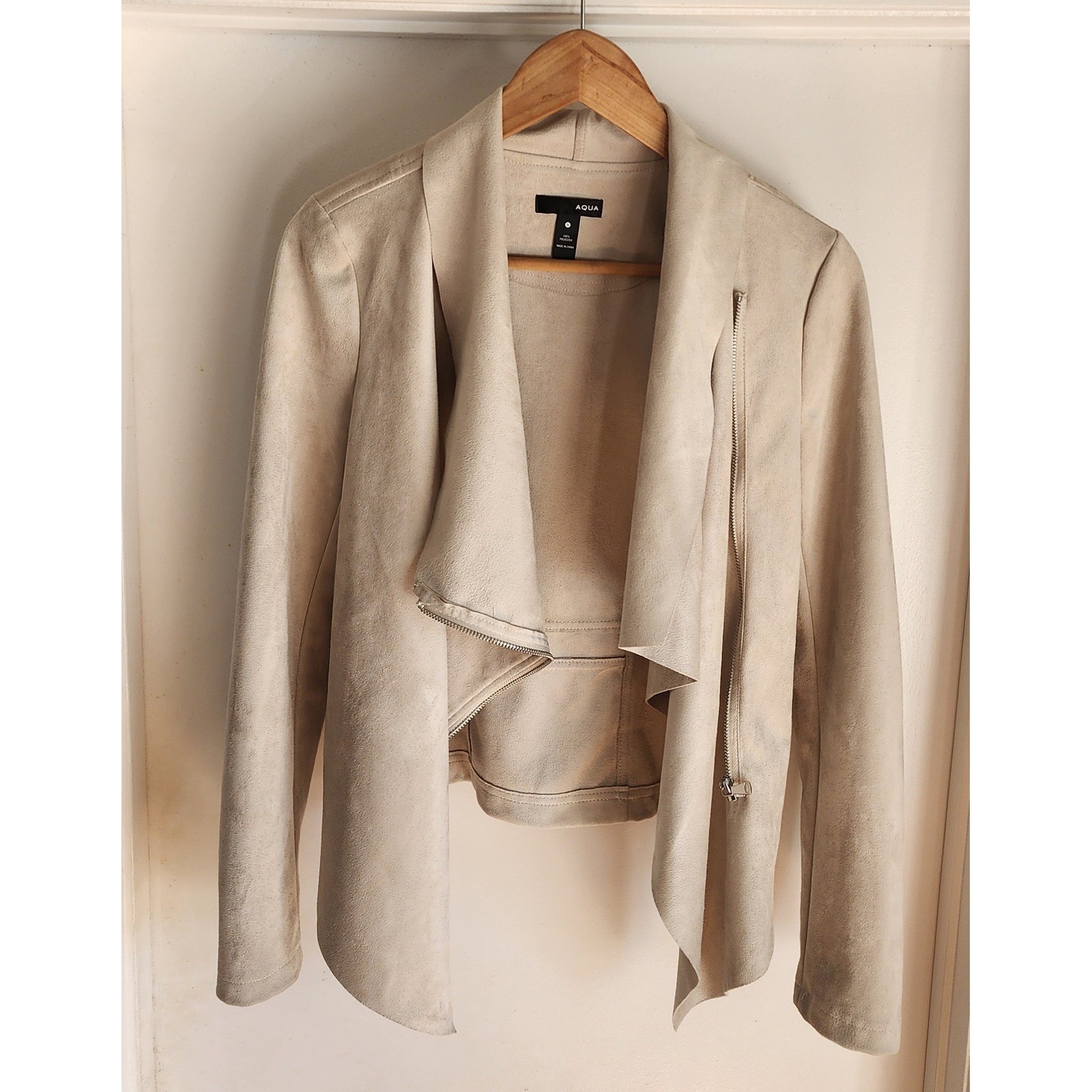 AQUA Women’s Drape Front Faux Suede Jacket Elegant Zipper Closure Sz S