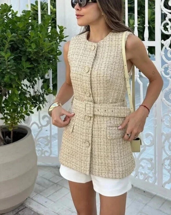 NWT ZARA Structured Belted Vest w/ Shoulder Pads Ecru/beige 9208/956 Sz S, M
