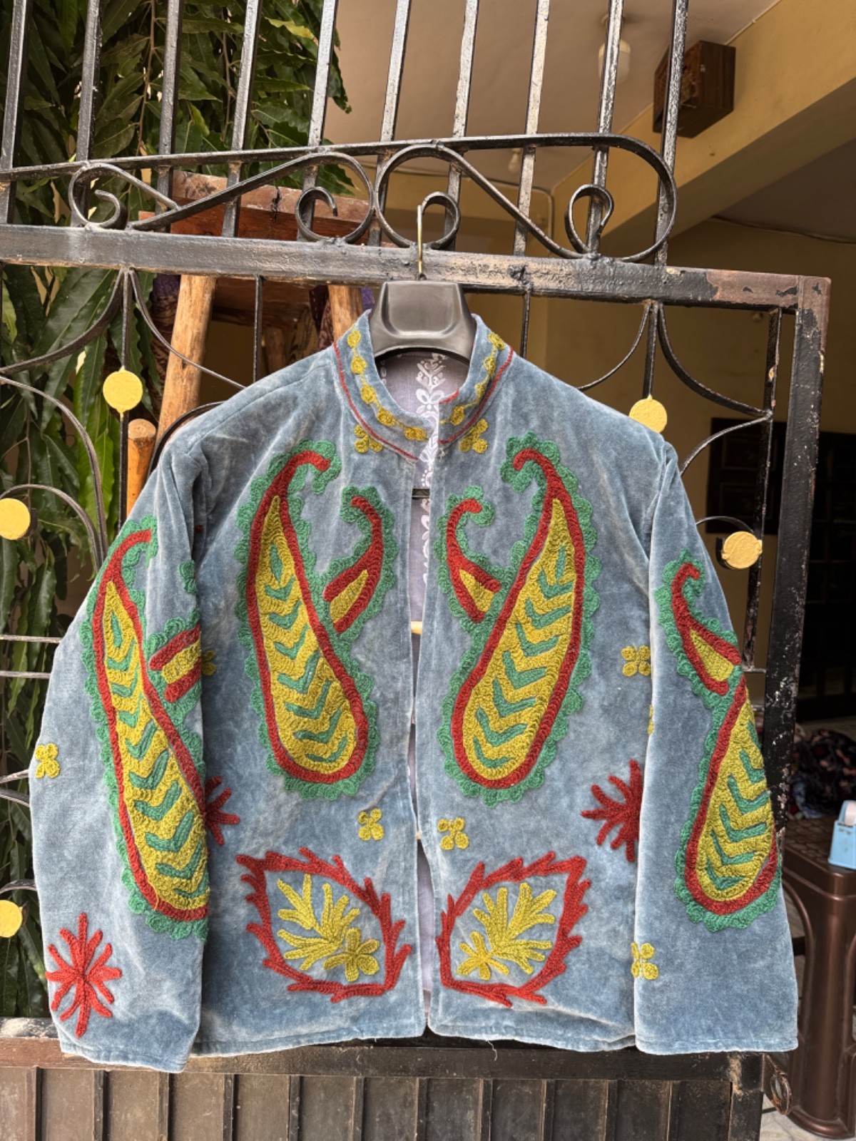Handmade Embroidered Blue Velvet Jacket Hearts Floral Boho Folk Art Women’s