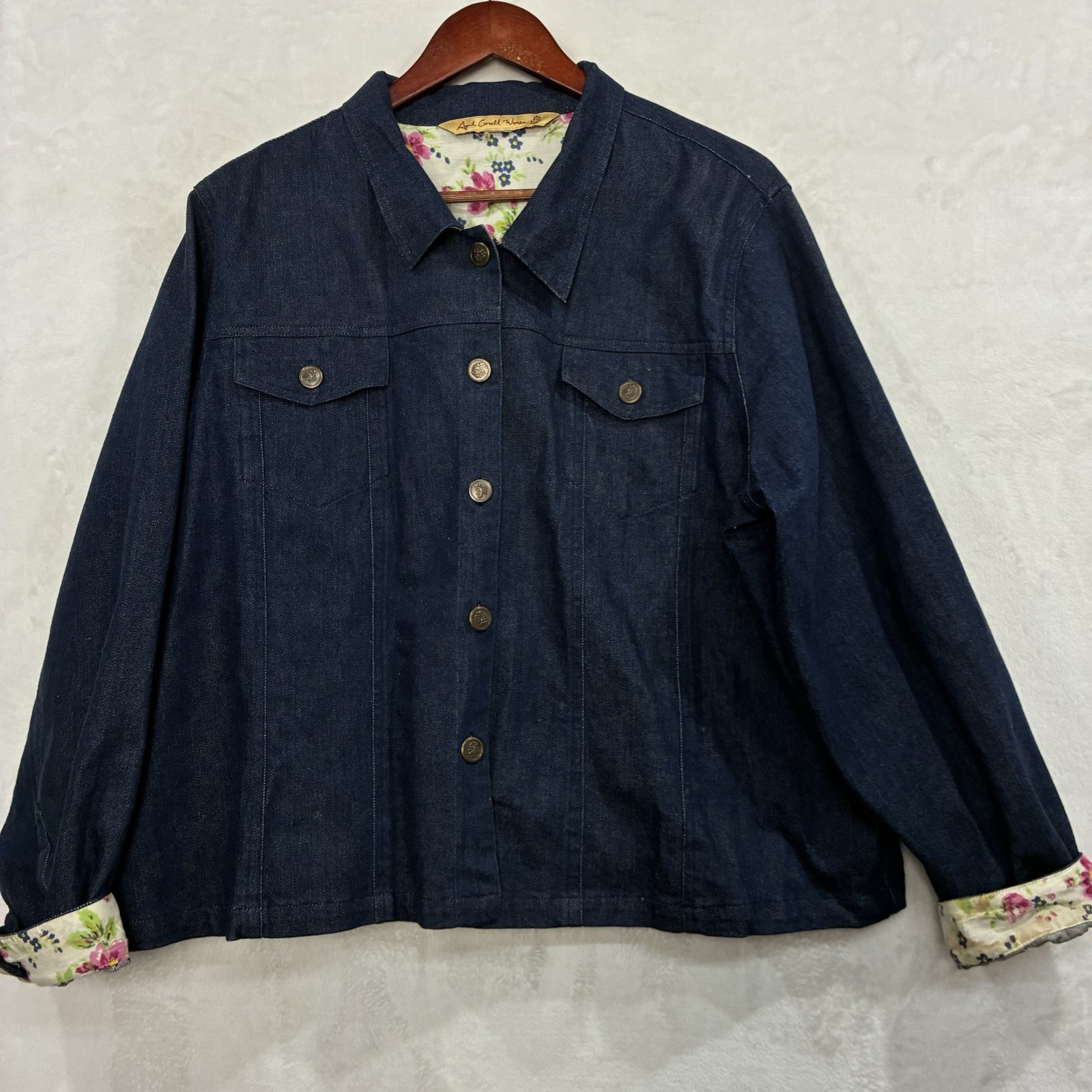 April Cornell Denim Jean Jacket Plus 1X 2X ? Dark Wash Floral Accents Stretch