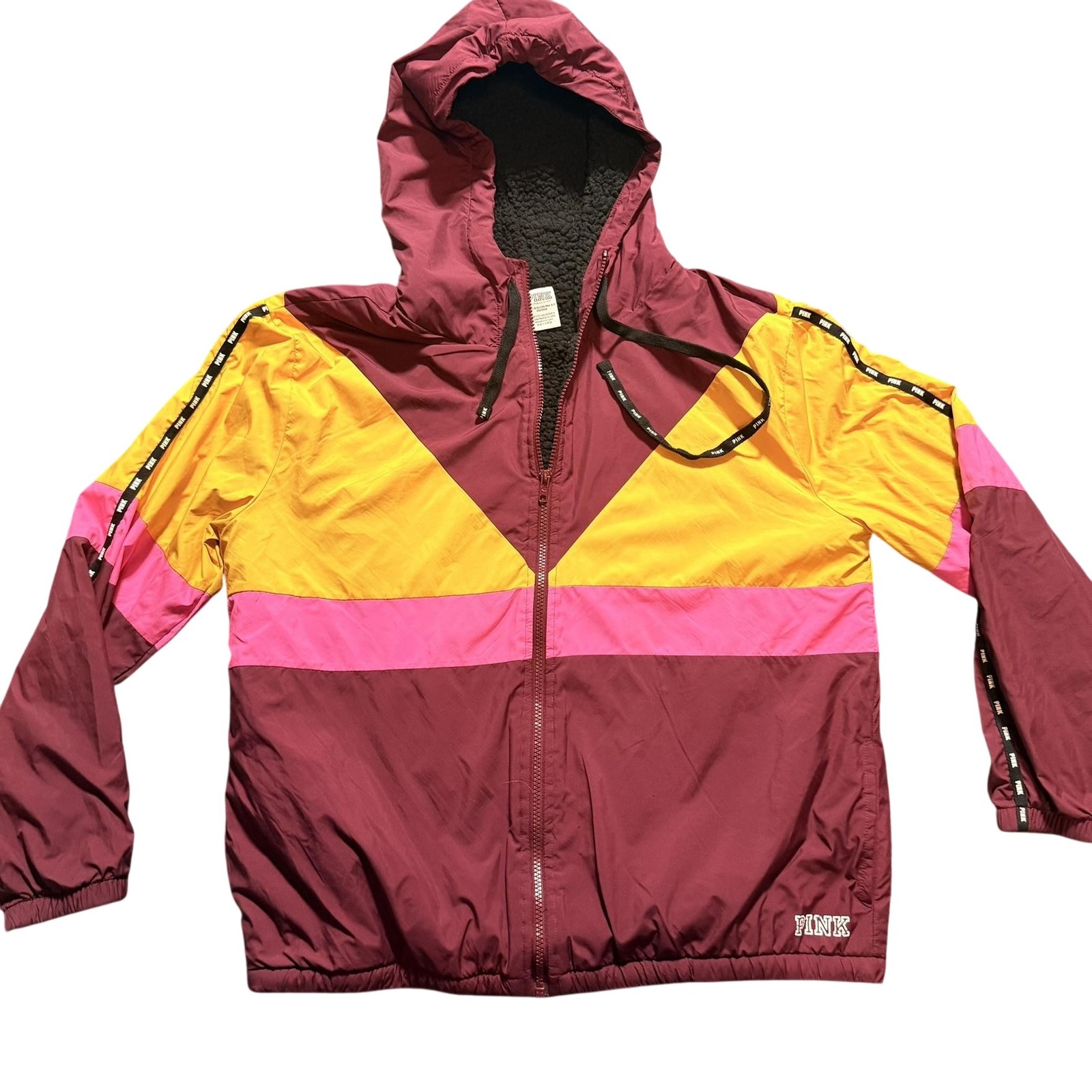 PINK Victoria’s Secret Windbreaker Jacket Womens M/L Burgundy Colorblock Sherpa