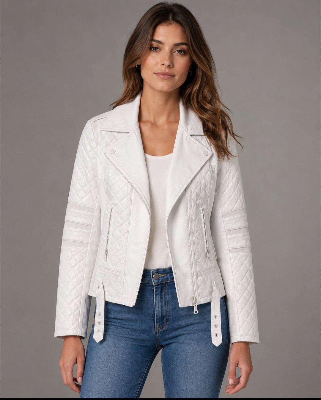 Blanc Noir White Leather Quilted Moto Biker Jacket Zipper Buckle Lace-Up M