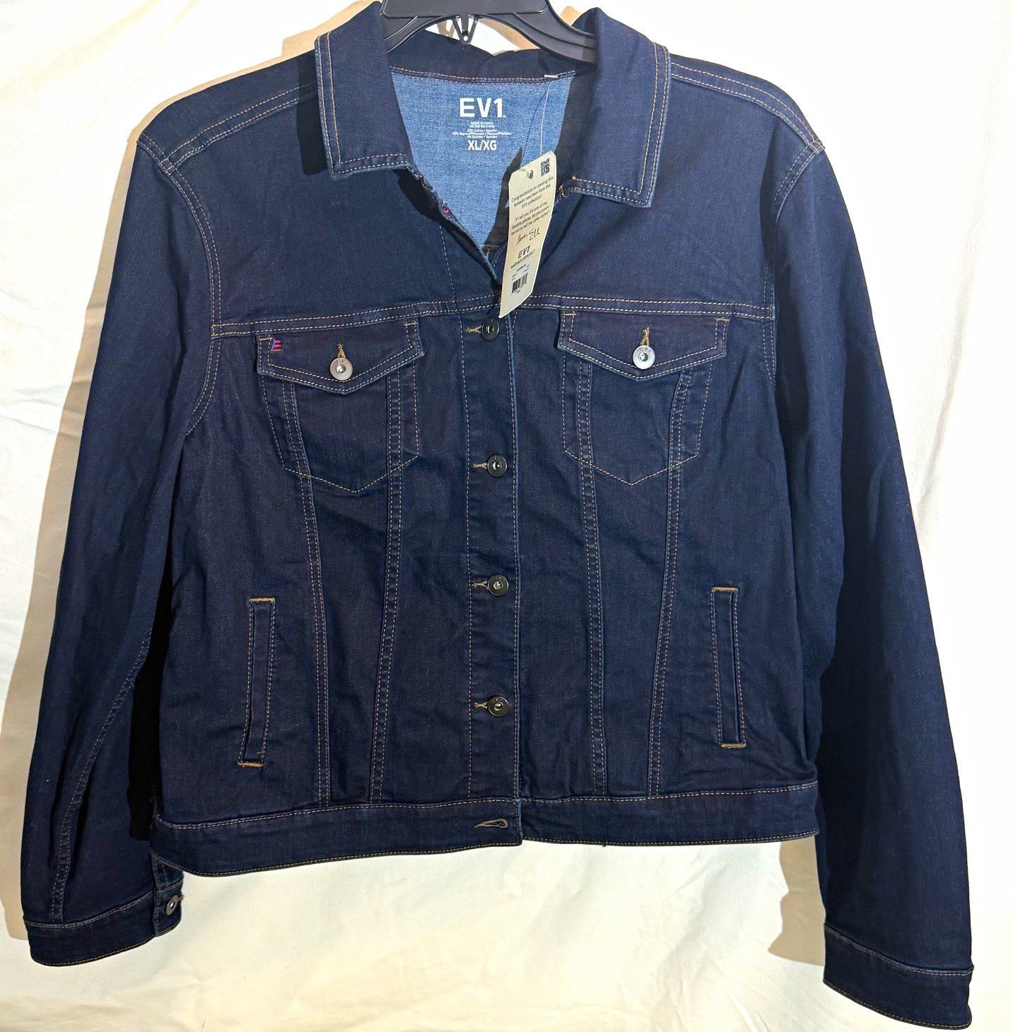 EV1 Women Blue Denim Jacket XL Button Front Collared Pockets LOVE Graphic #137