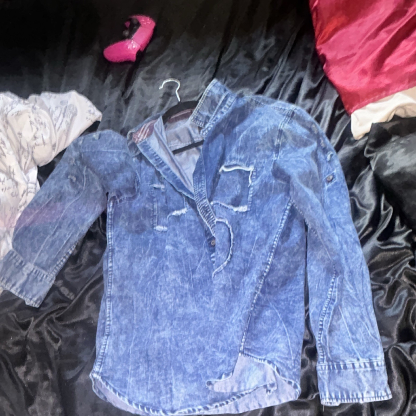 Unisex Adults Blue Distressed Button Jacket M Long Sleeve Short Casual