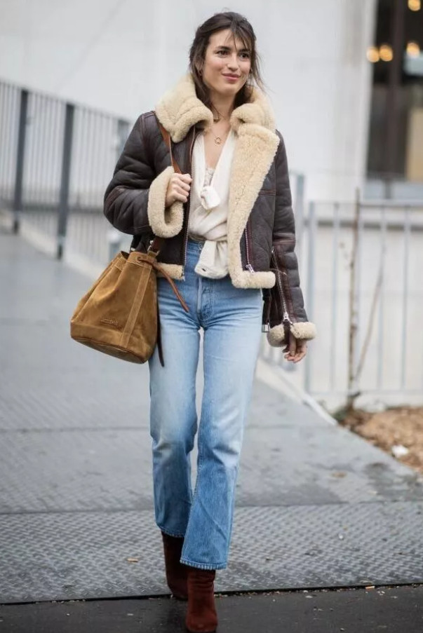 Women’s Handmade Shearling Jacket – Vintage Brown Genuine Sheepskin Aviator…