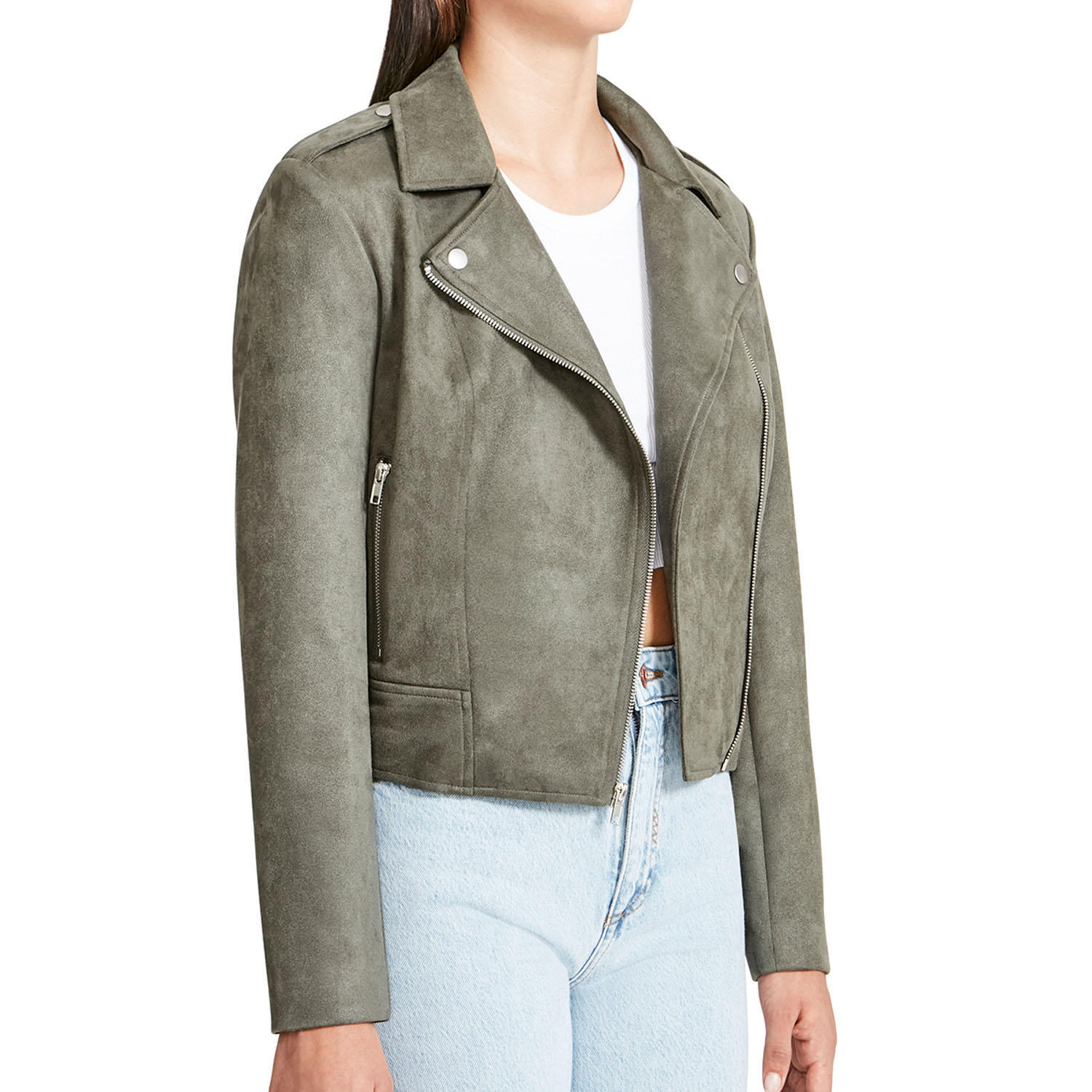 NWT $99 BB DAKOTA BY STEVE MADDEN Women L VEGAN Faux Suede Moto Jacket in Green