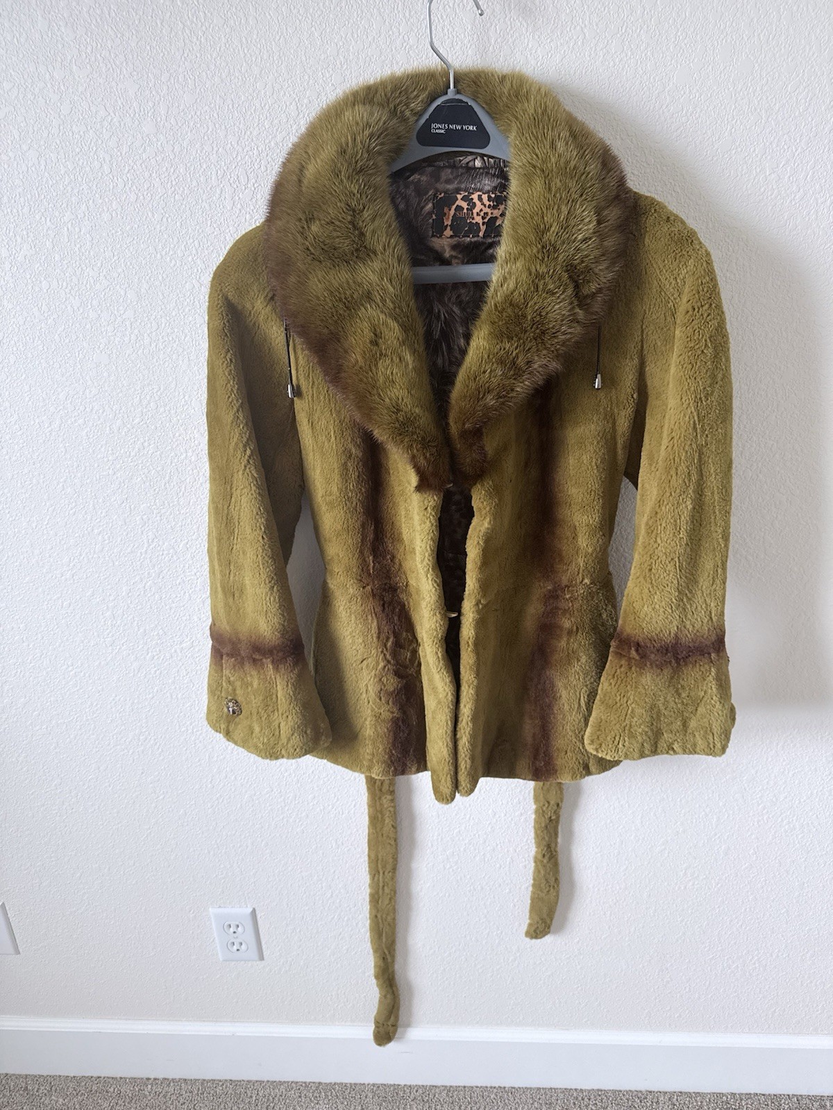 Womens Green Brown Trim Belted Jacket Fur Collar Pockets Long Sleeve