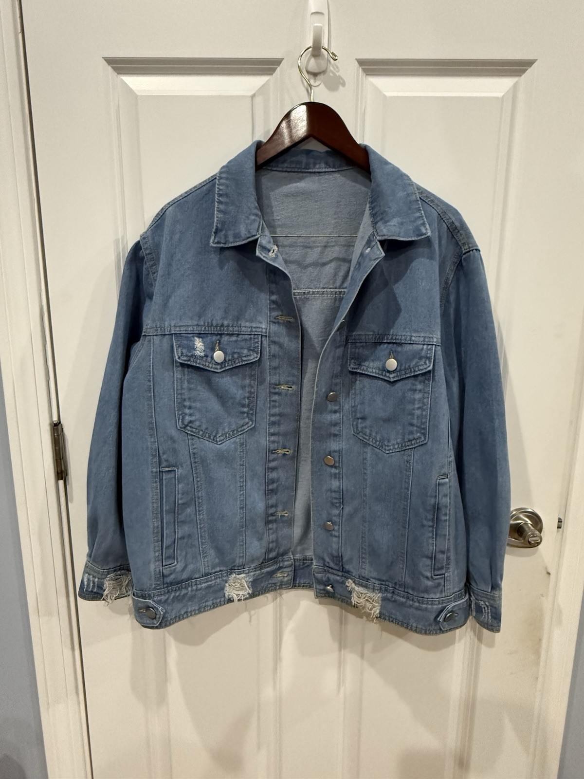 Shein Curve Light Wash Distressed Denim Jean Jacket, Button Front, Women’s 4XL