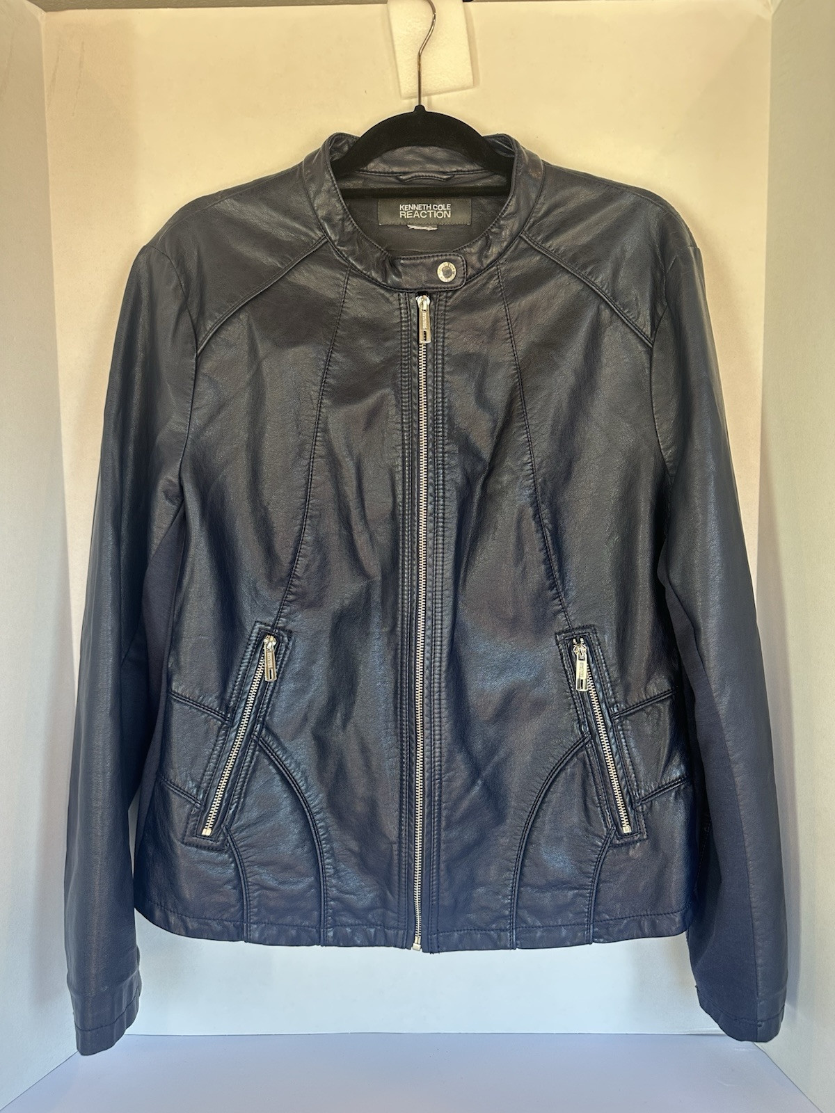Kenneth Cole Reaction Moto Jacket Navy XL Stretch Faux Leather Designer Sturgis