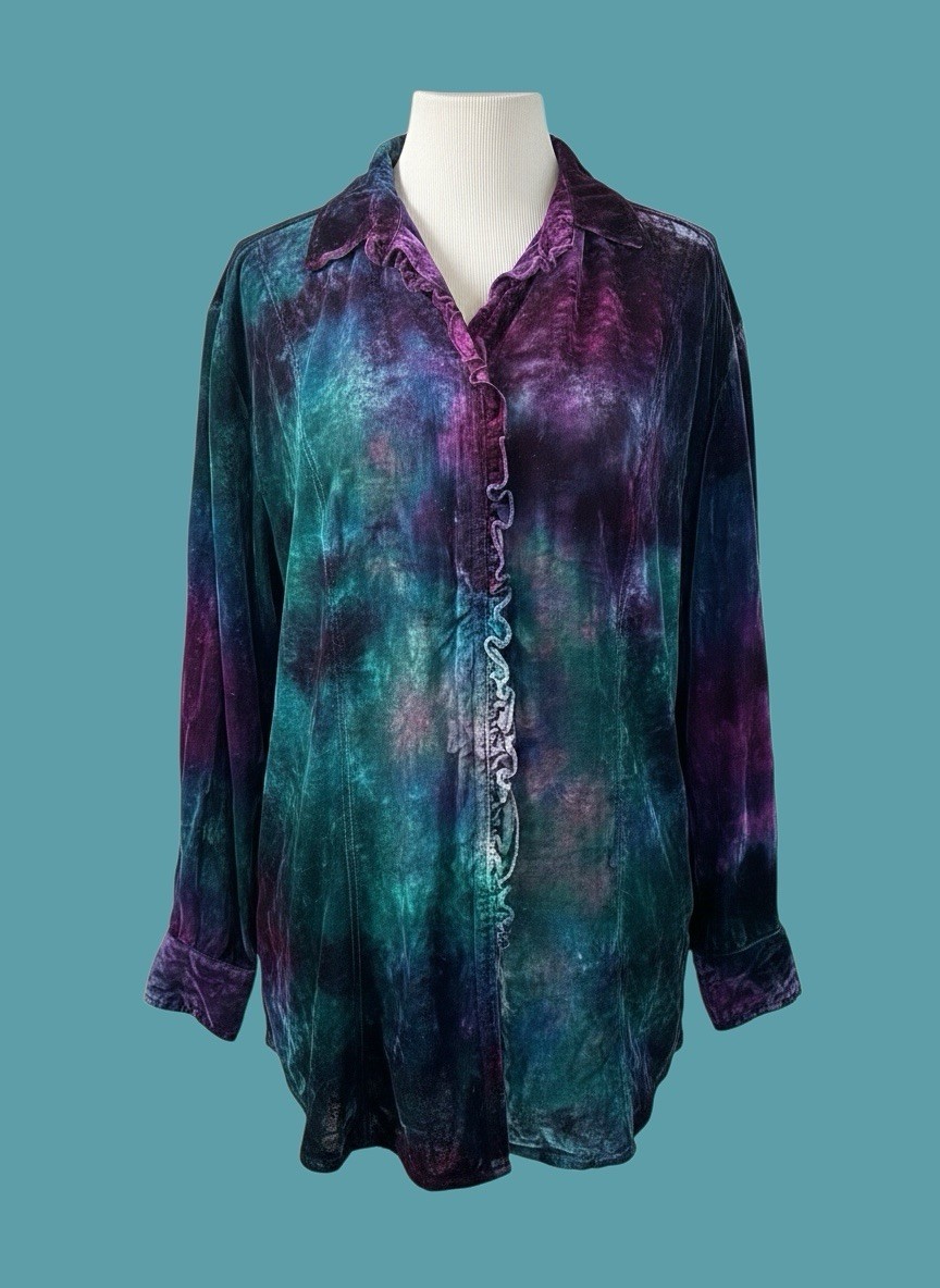 Tie Dyed Velvet Shirt or Light Jacket XL Shades of Blue and Purple Hand Dyed