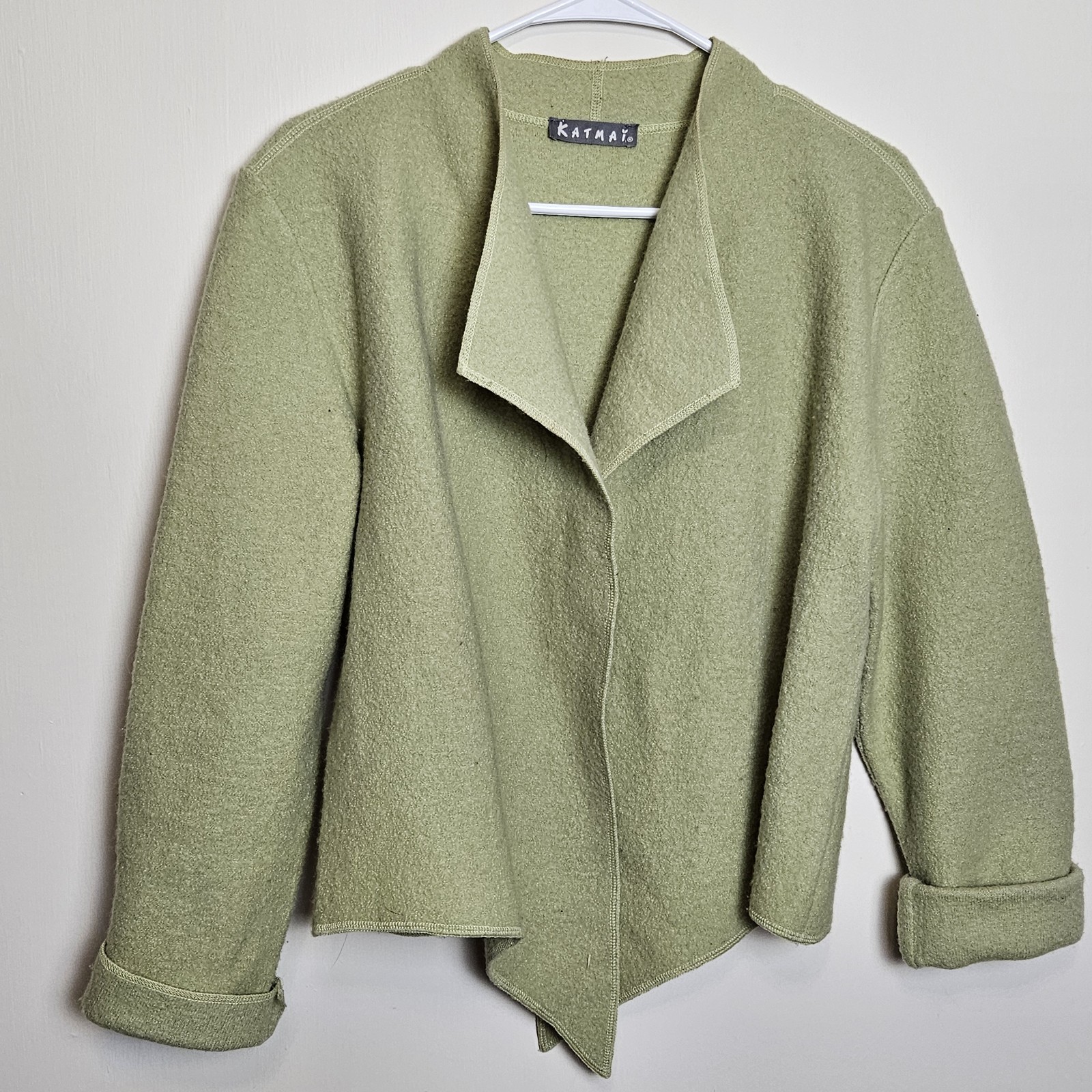 Katmai 100% Wool Green Open Front Jacket Waterfall Collar Small