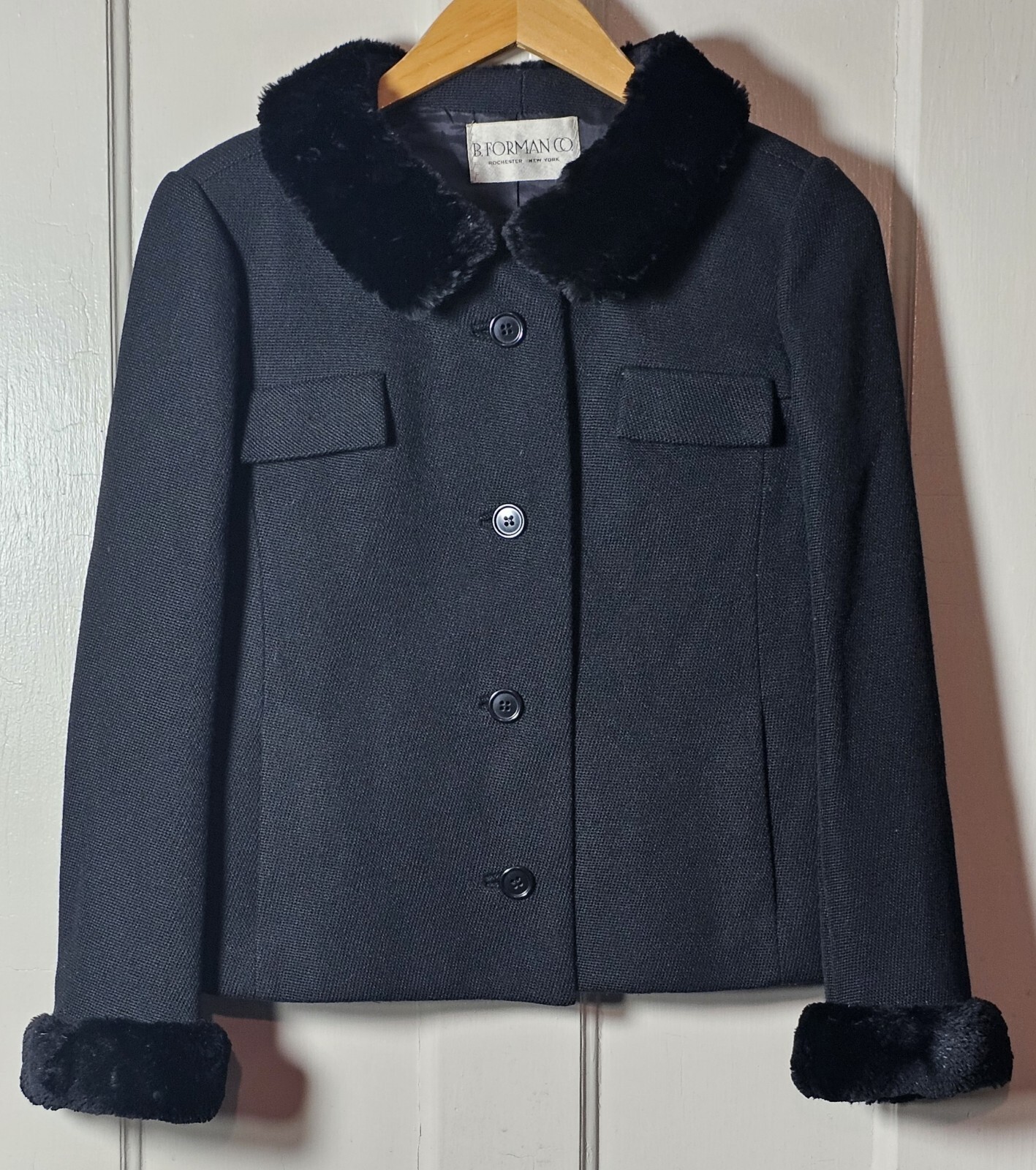 VTG Jack Feit B. Forman Jacket Women 34 Black Wool Faux Fur Collar Cuffs Blazer