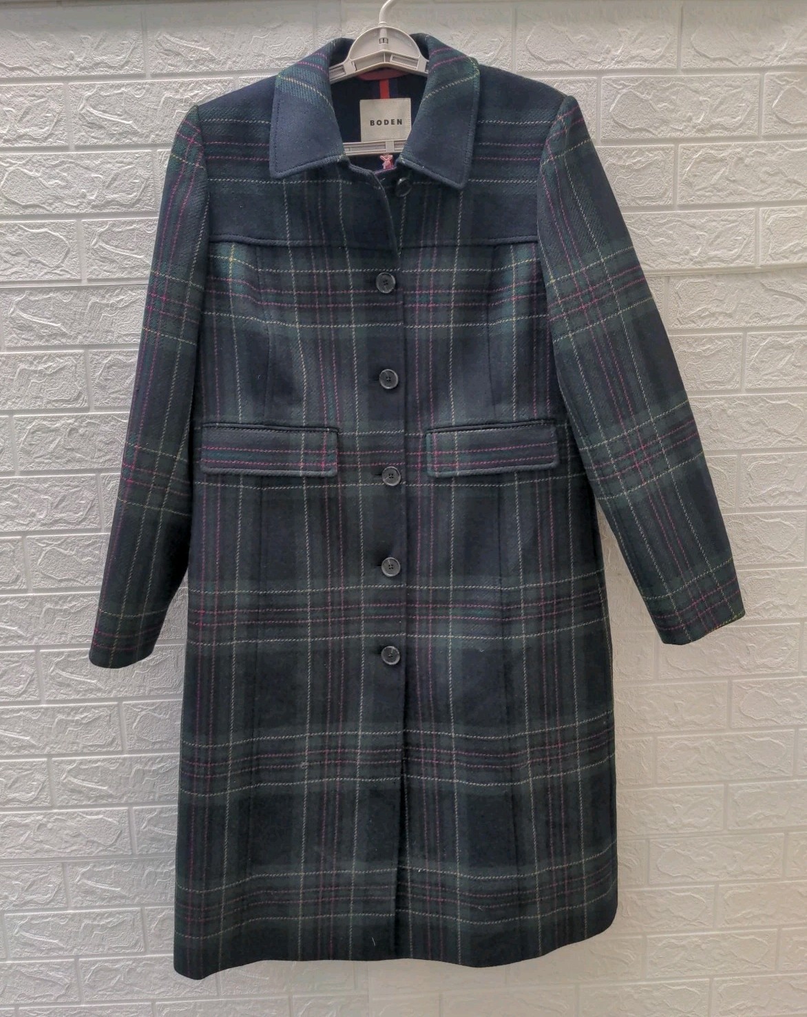 New Boden St Albans Fitted Coat Navy & Green Tonal Check Size 14