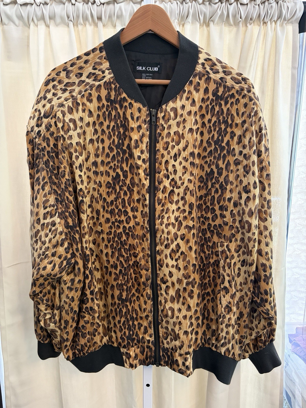Silk Club Women’s L Brown Black Beige Leopard Bomber Jacket Zip Long Sleeve
