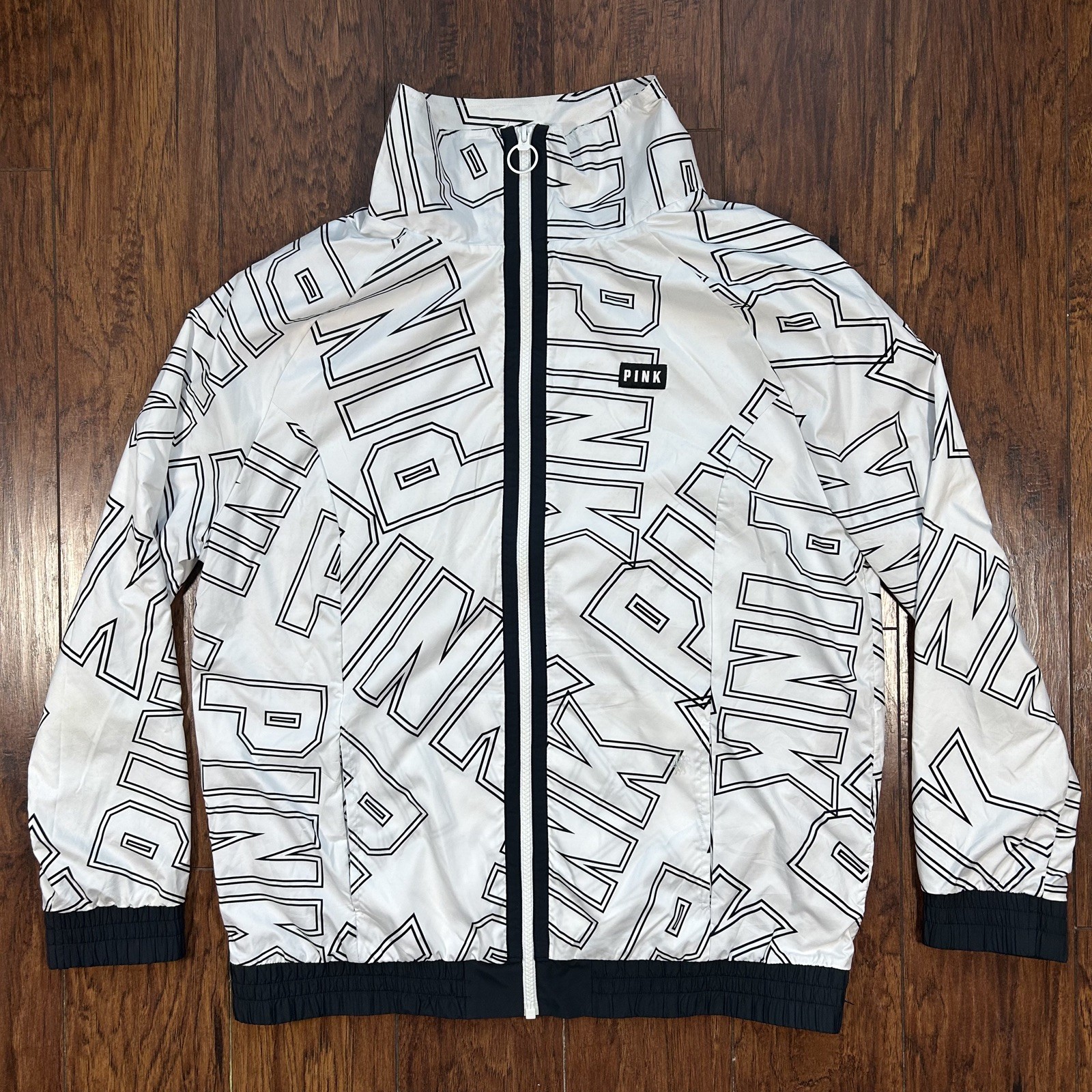 Victoria’s Secret PINK Windbreaker Bomber Jacket XS/S White Black Logo Full Zip