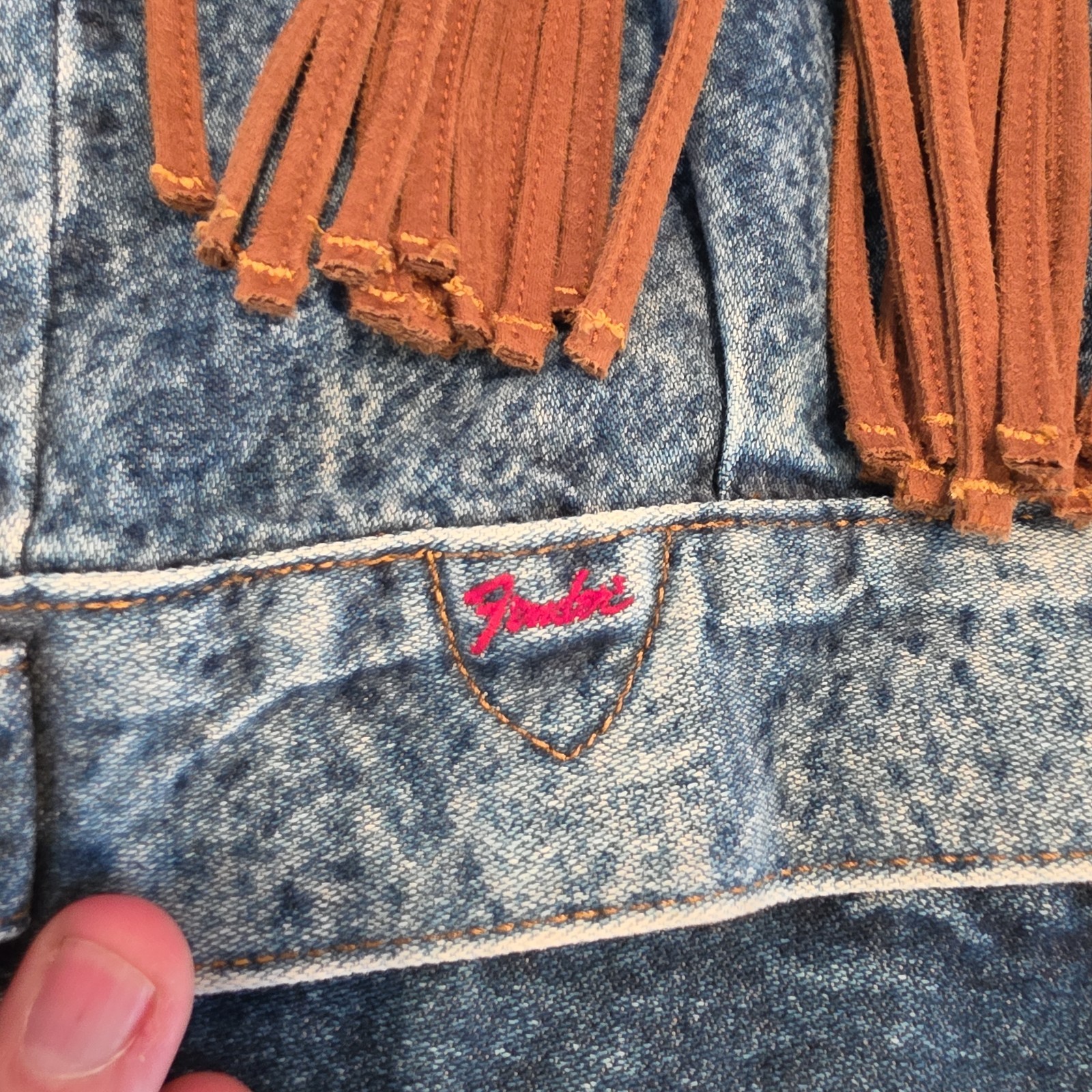 Wrangler X Fender Blue Acid Denim Jacket Leather Fringe Wmns S All Cotton NWOT