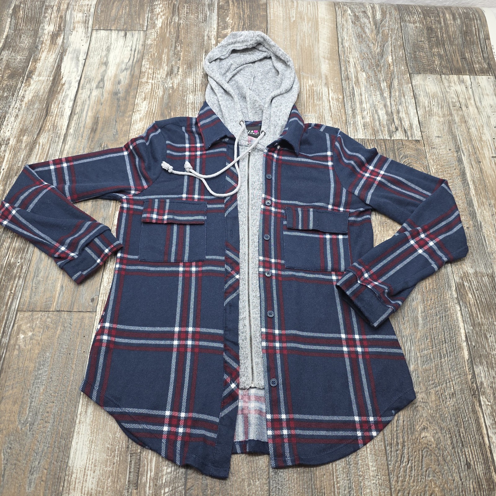 Eye Candy Plaid Hoodie Size Large Blue Inner Layer Gray Zip Jacket Flannel