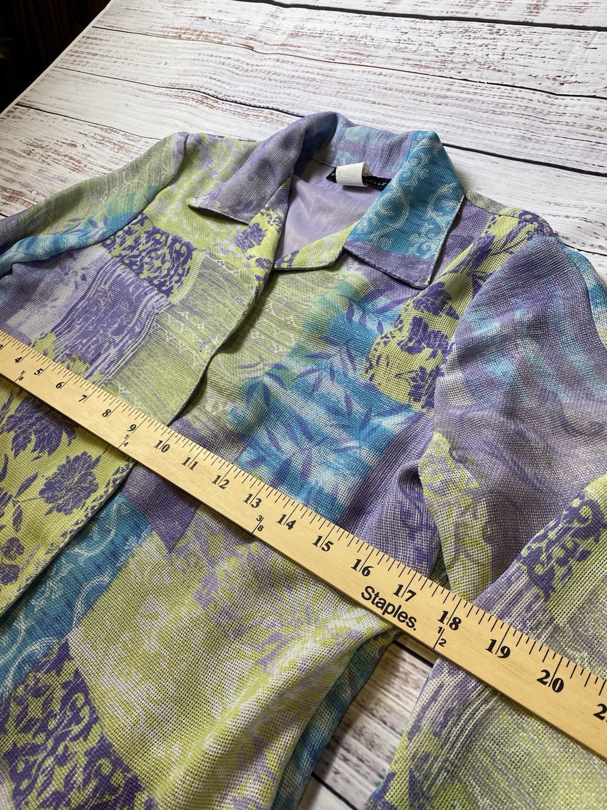 Sara Michelle Open Front Collared Patchwork Jacket Women S Purple Green Blue