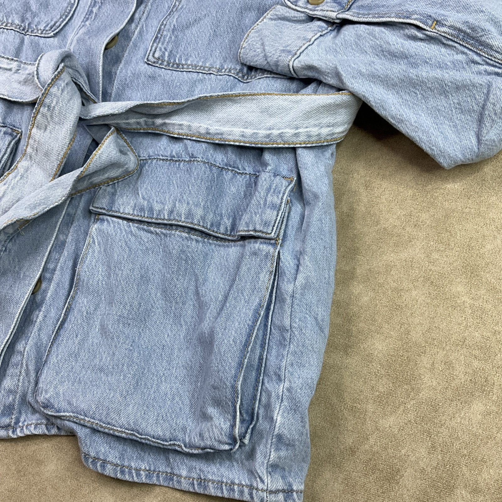 Zara Chore Jacket Women Sz M Utility Denim Field Belted Light Wash Jean NWT