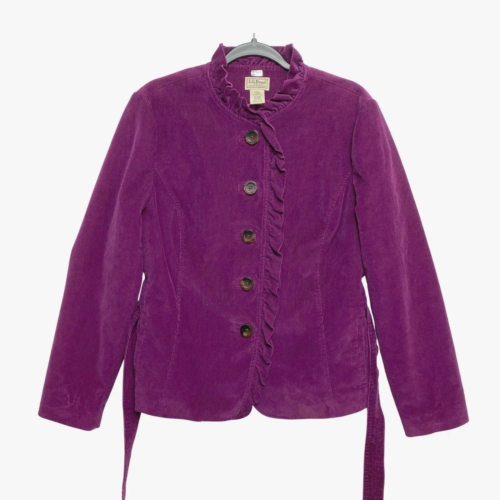 LL Bean Corduroy Jacket Womens 12 Reg Purple Waistbelt Button Front Ruffle