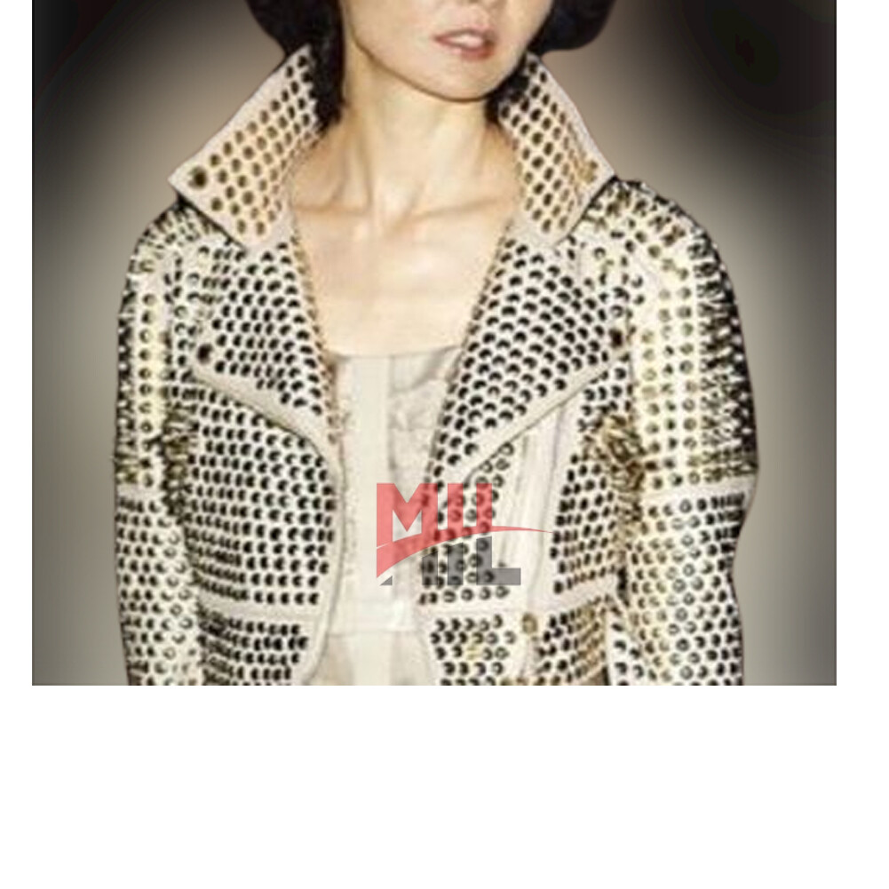 Handmade Women Beige Punk Full Silver Studded Genuine Cowhide Leather Jacket