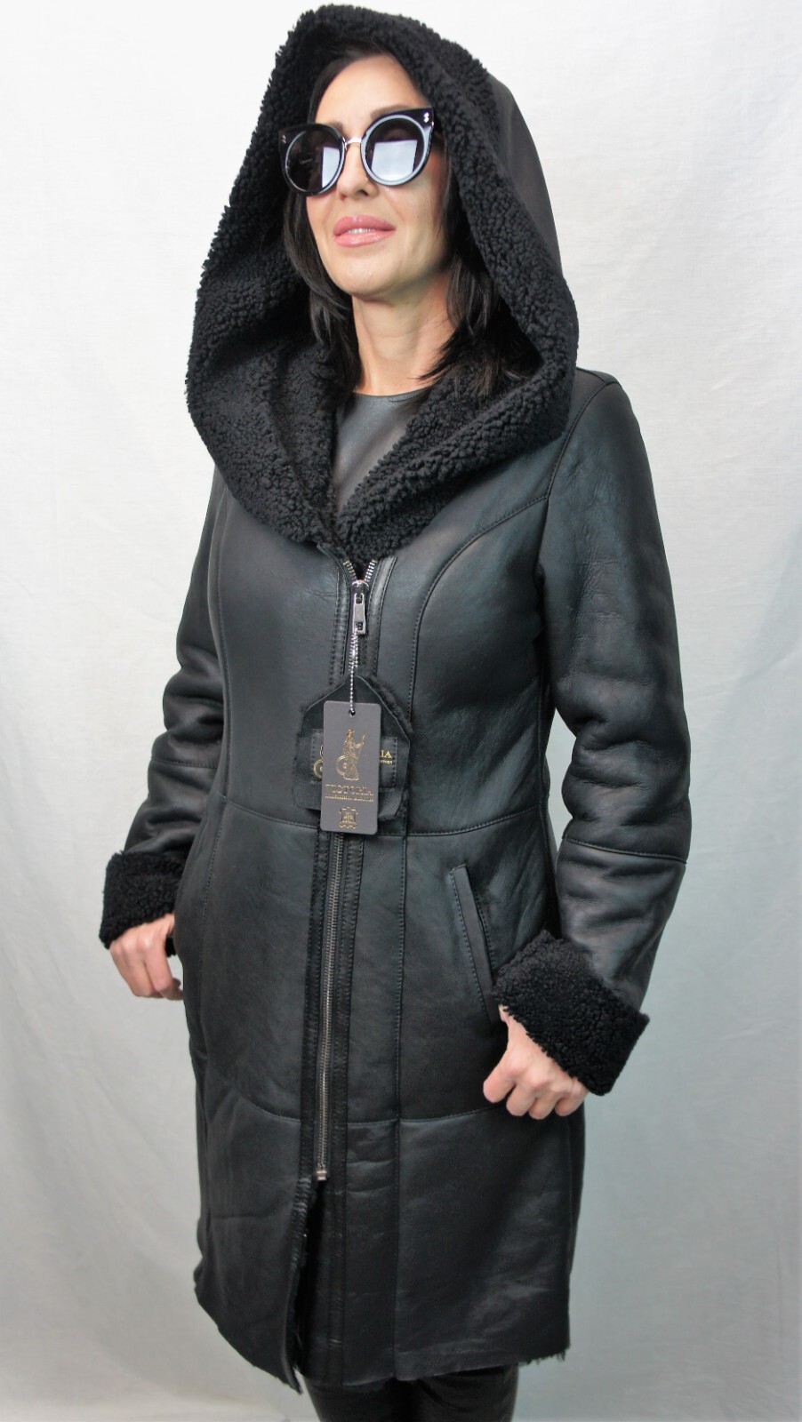 NEW Black REAL 100% GENUINE SHEEPSKIN Shearling Leather Coat Hood Long XS – 6XL