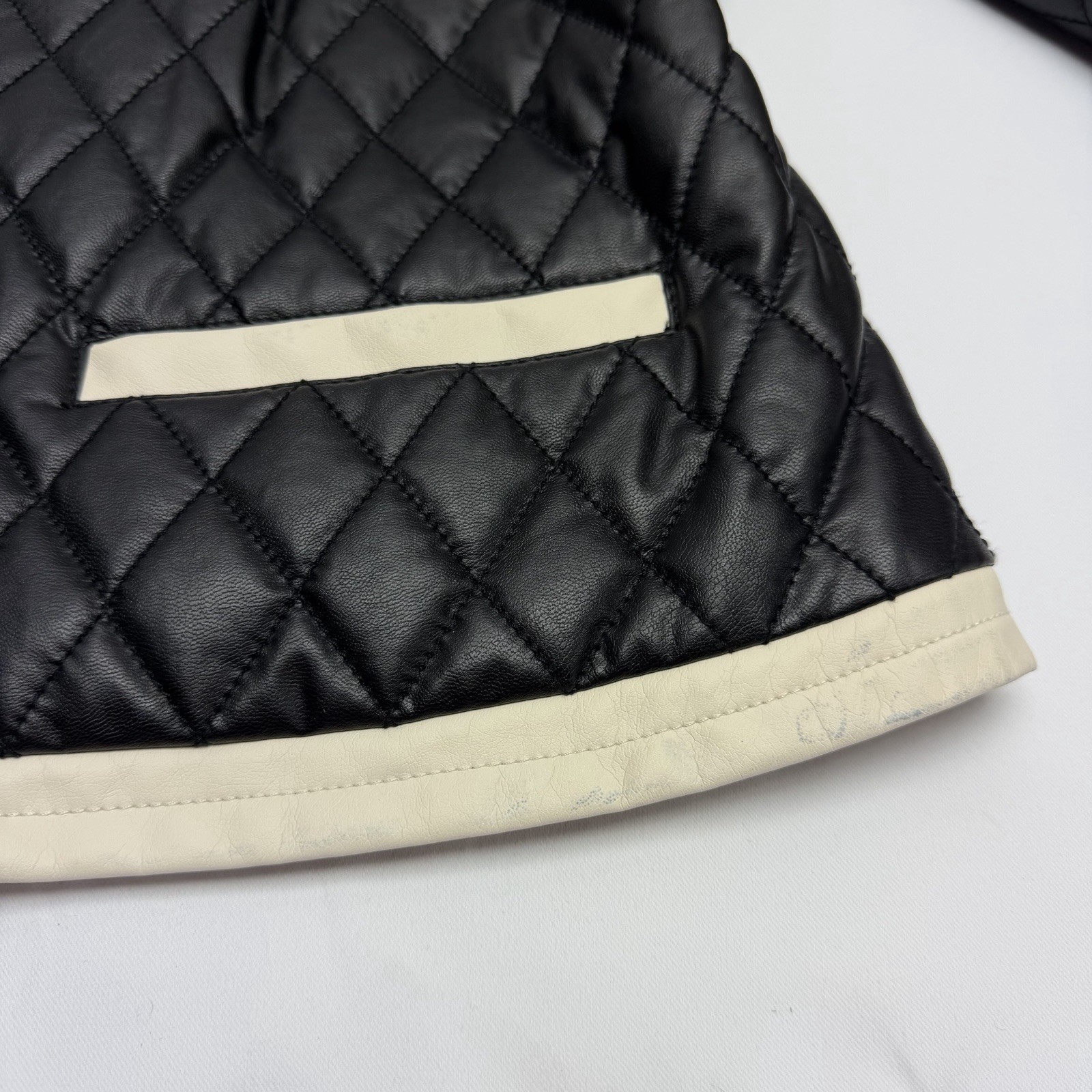 Chico’s Quilted Jacket Size 2 Black Faux Leather Trim Open Front Polka Dot