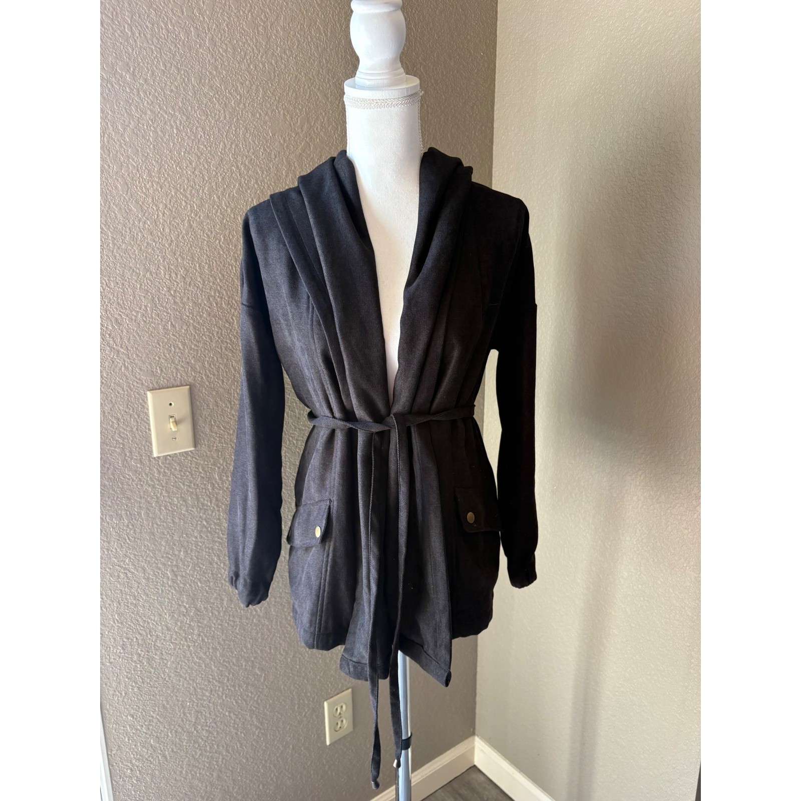 HYFVE Womens Black Hooded Tie Waist Drape Front Jacket Small