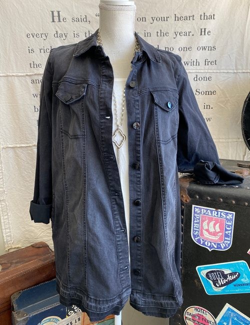 LOGO Lori Goldstein Vintage Black Button Front Denim Jacket Released Hem New