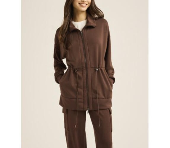 Scoop Womens Jacket Size S Chicory Coffee Scuba Knit Long-line Drawstring Zip