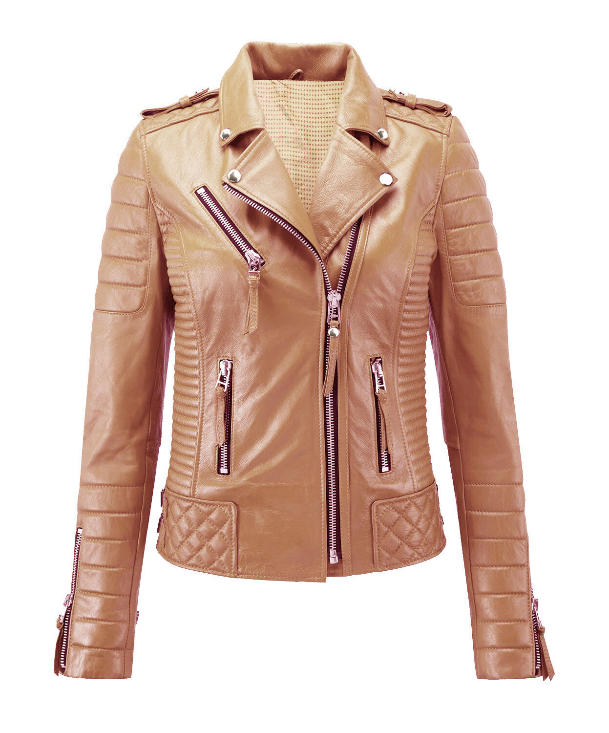 Royal Women Leather Jacket Genuine Lambskin Motorcycle Biker Camel Beige