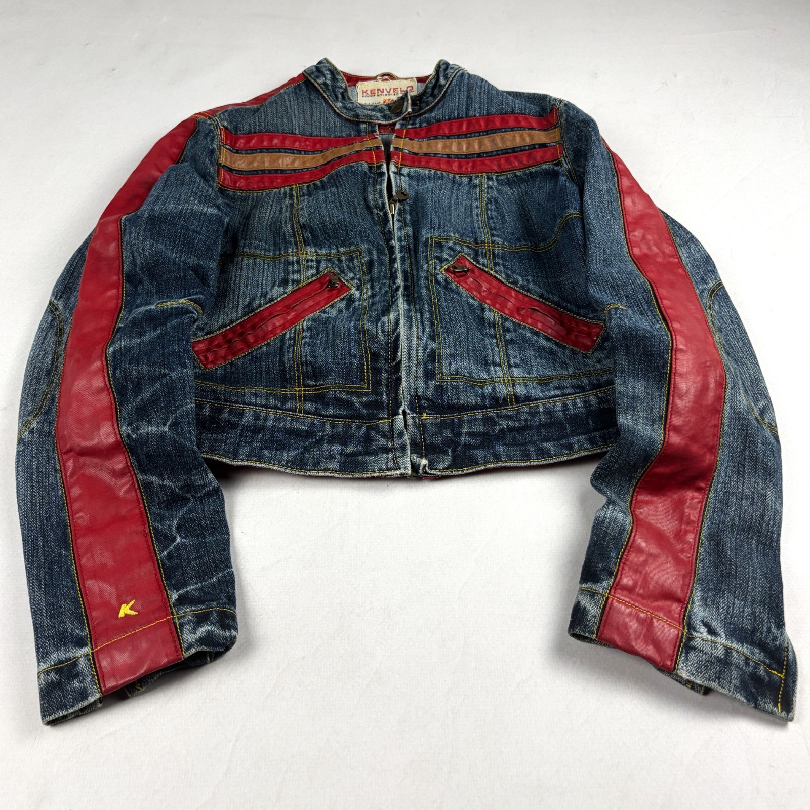 Womens Kenvelo Denim Jacket Leather Trim Cropped Biker Moto Y2K Vintage