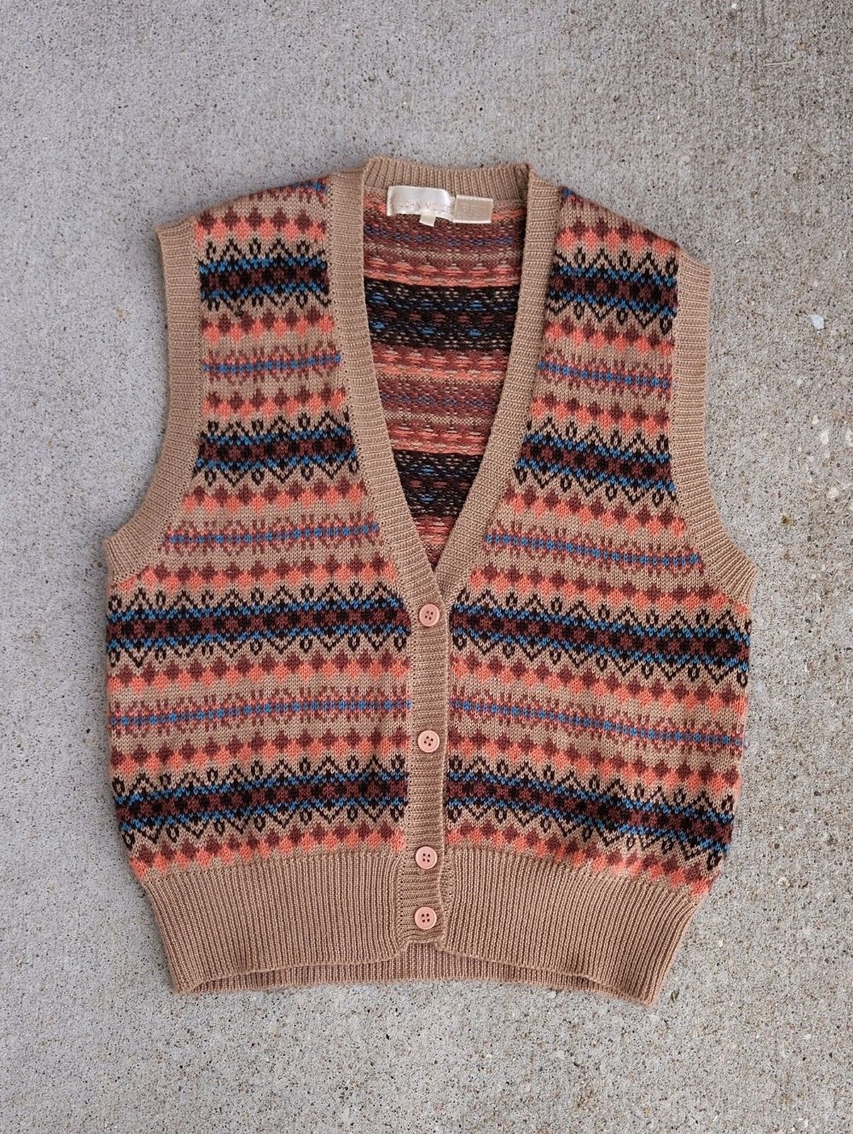 Vintage John Meyer Wool Blend Nordic Knit Button Vest Sweater Size L 80s Preppy