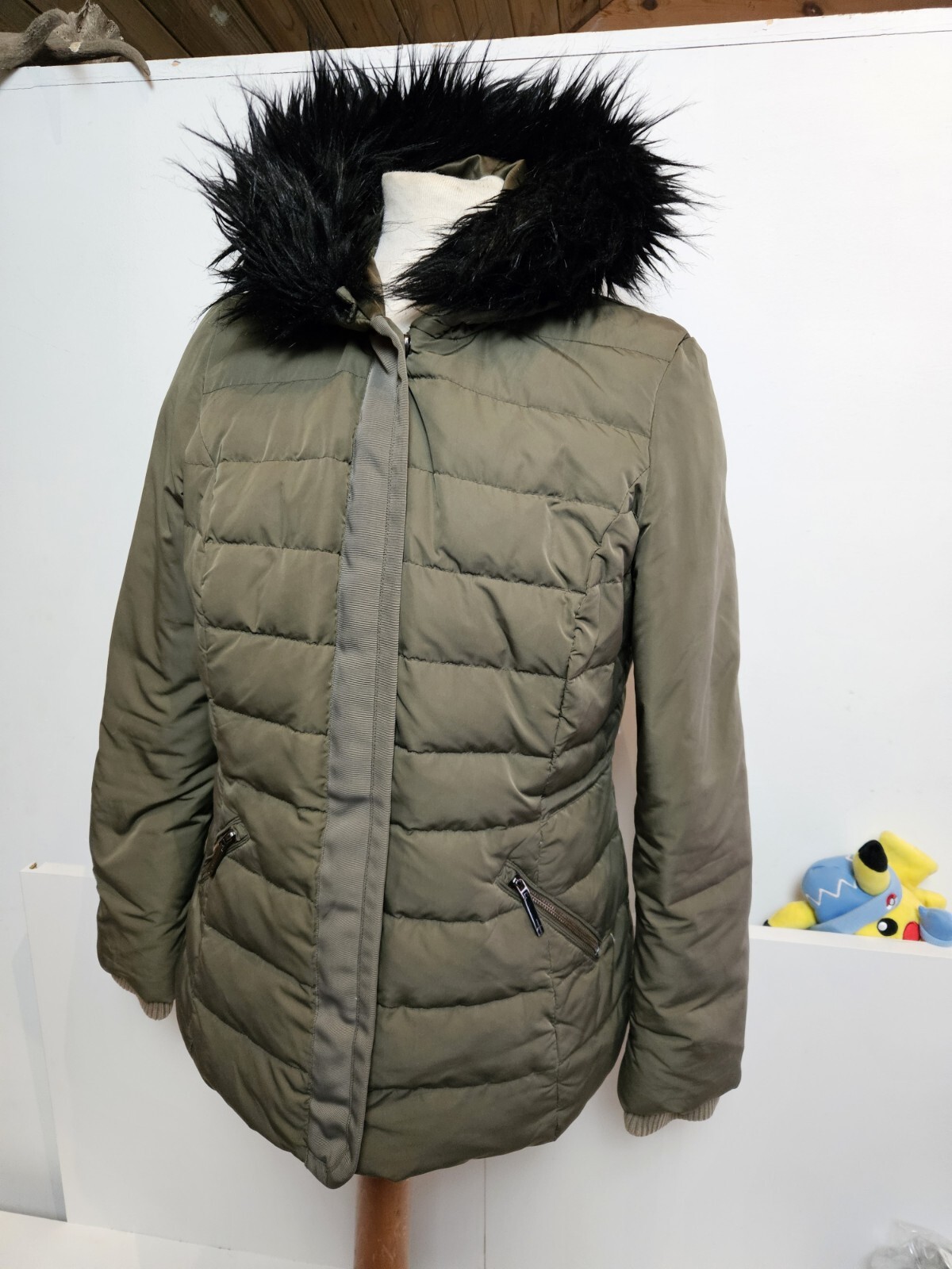 Jasper Conran Coat Down Lined Quilted Faux Fur Trim Olive Green Jacket UK 12