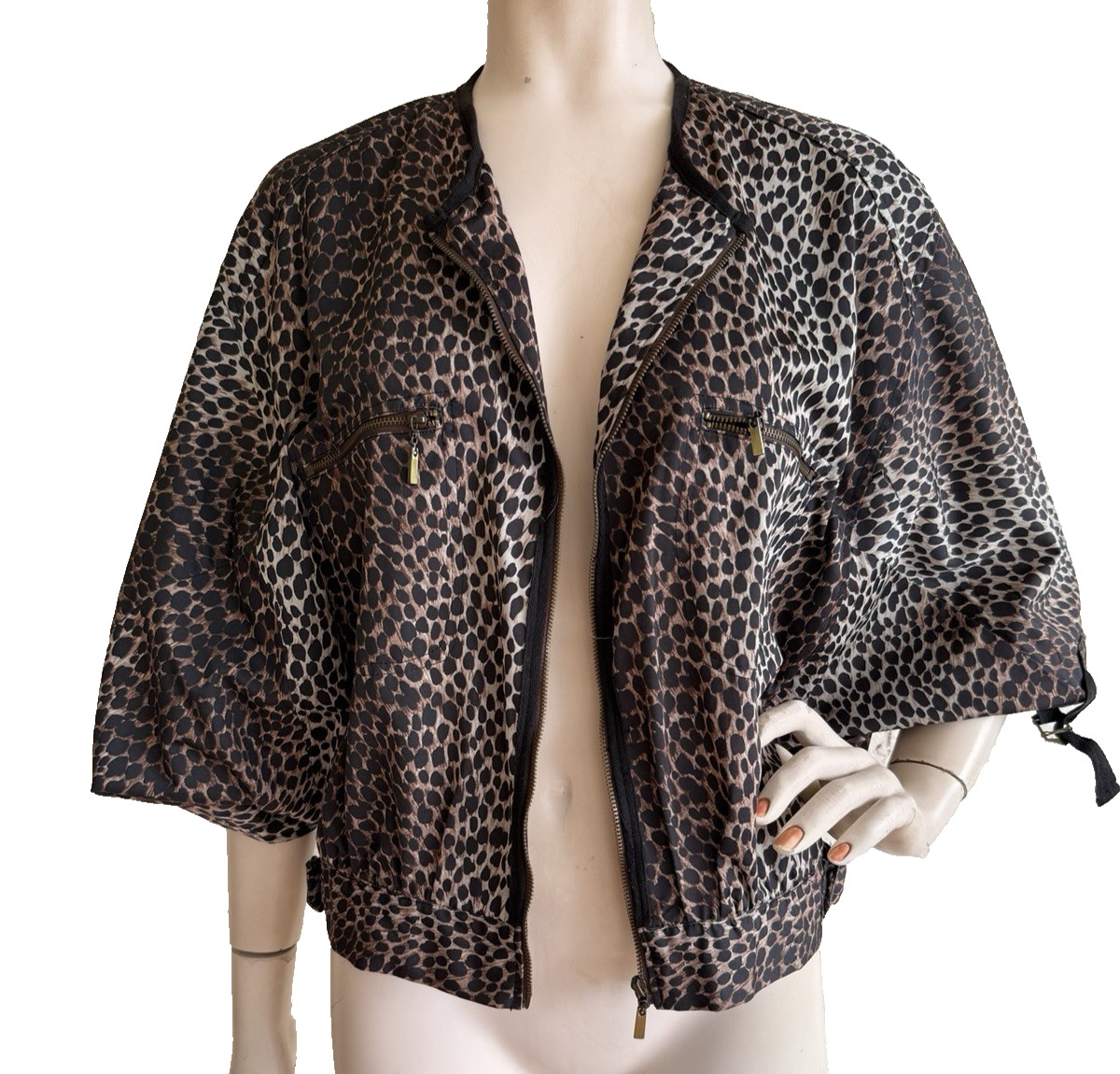 AKIRA Black Label Oversized Jacket Black Brown Leopard Animal Print Zip Size M