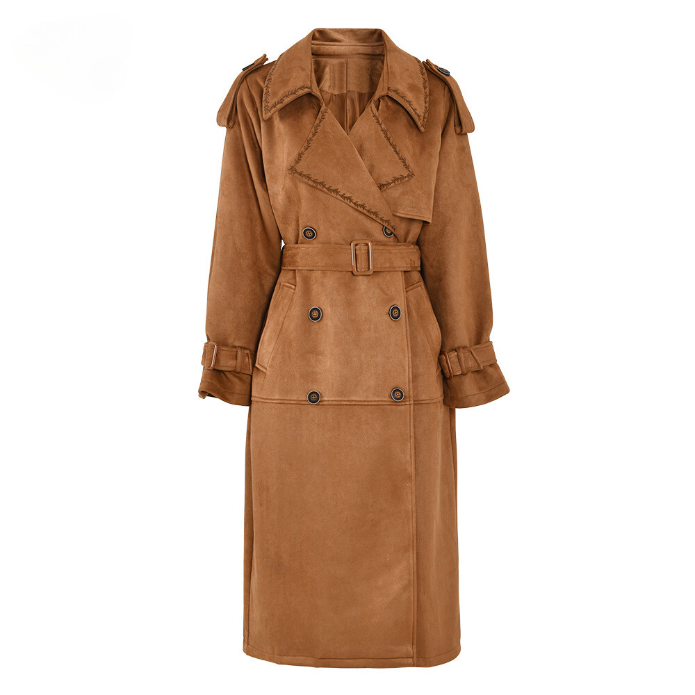 Autumn Suede Leather Women’s Windbreakers Warm Retro Double Breasted Trench Coat