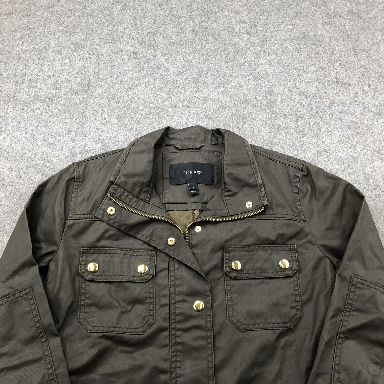 J Crew Jacket Womens Small Olive Green Utility Field Coat Gold Snaps Pockets
