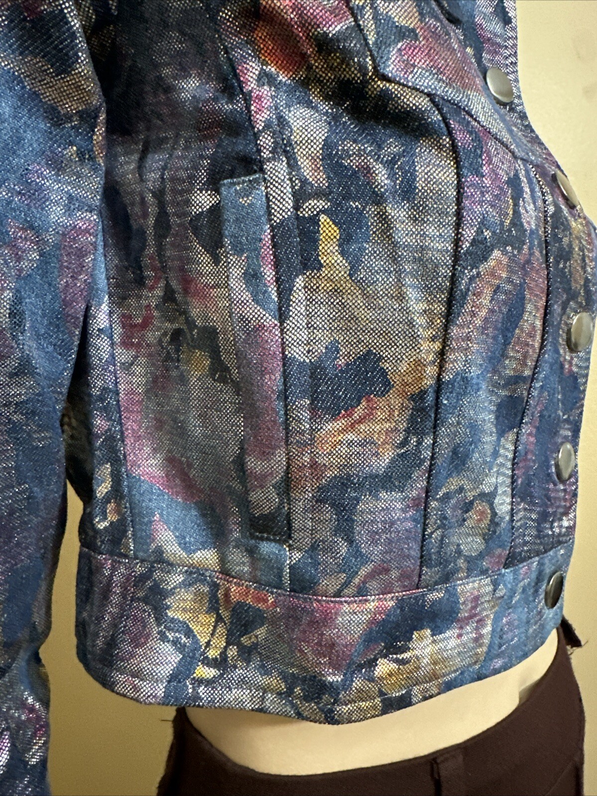 Women’s Violet Floral Denim Cotton Casual Stretch Slim Button Size M Jacket