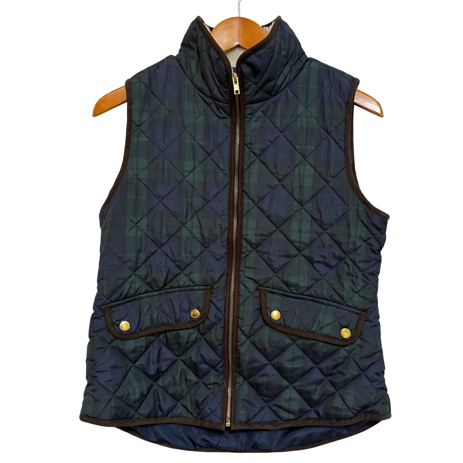 British Khaki Women Quilted Vest S Blue Green Plaid Equestrian Preppy Old Money