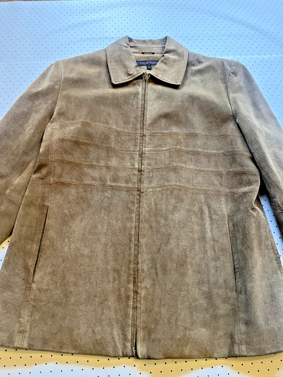 Anne Klein Genuine Suede Leather Jacket Women’s Large Taupe Brown Zip Coat