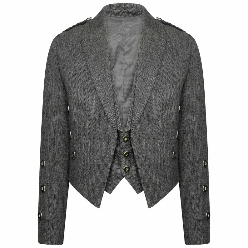 Gray Tweed Prince Charlie Jacket with Vest – Highland Men Traditional Scottish