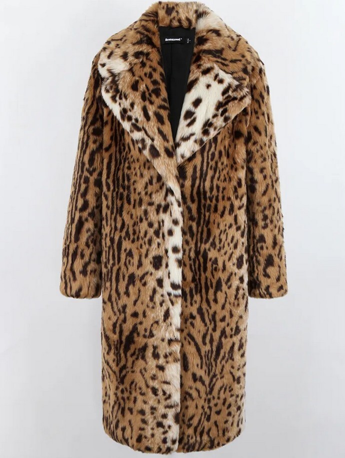 Women Lapel Collar Leopard Faux Fur Mid Long Coat Loose Jacket Outwear Plus Size