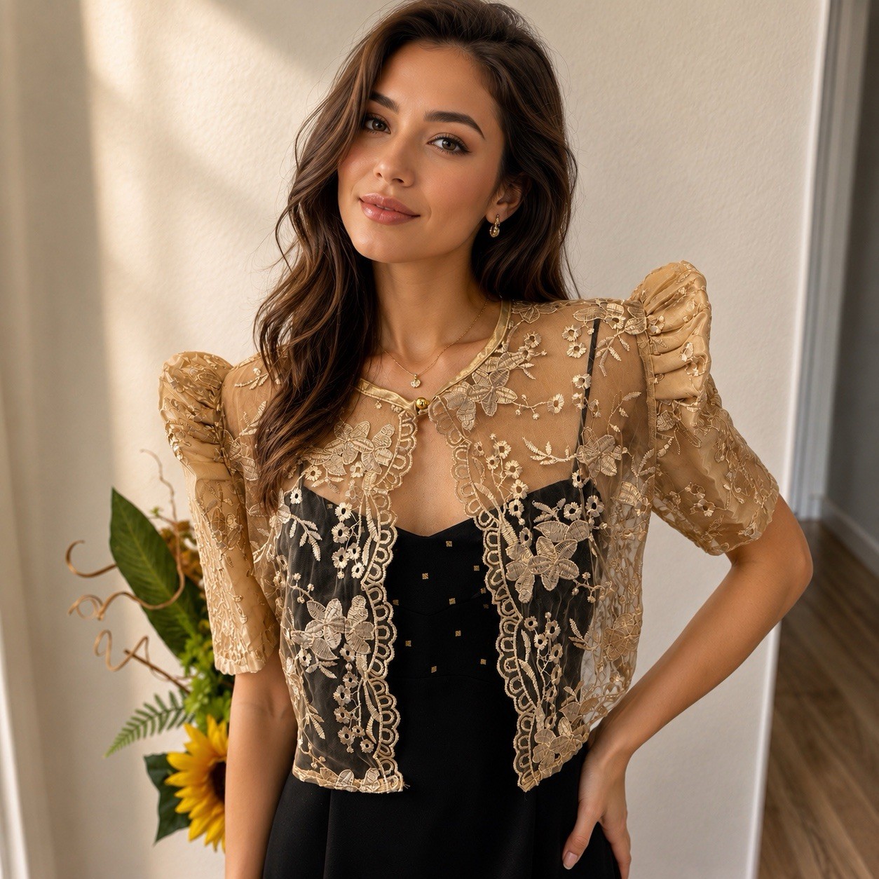 Filipiniana Sheer Floral Embroidered Lace M Bolero Jacket – Gold