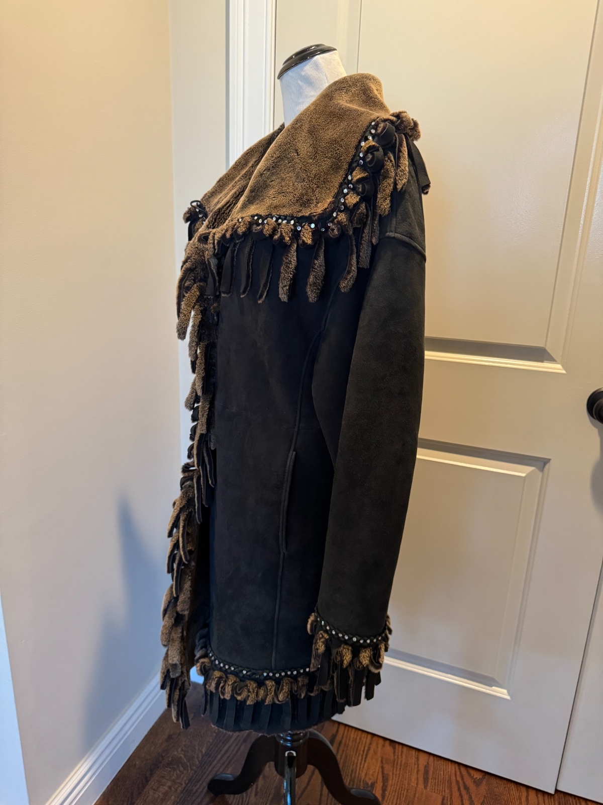 Sinclair Charcoal Gray Suede Shearling Coat Fringes SZ IT 44/US 10 EUC