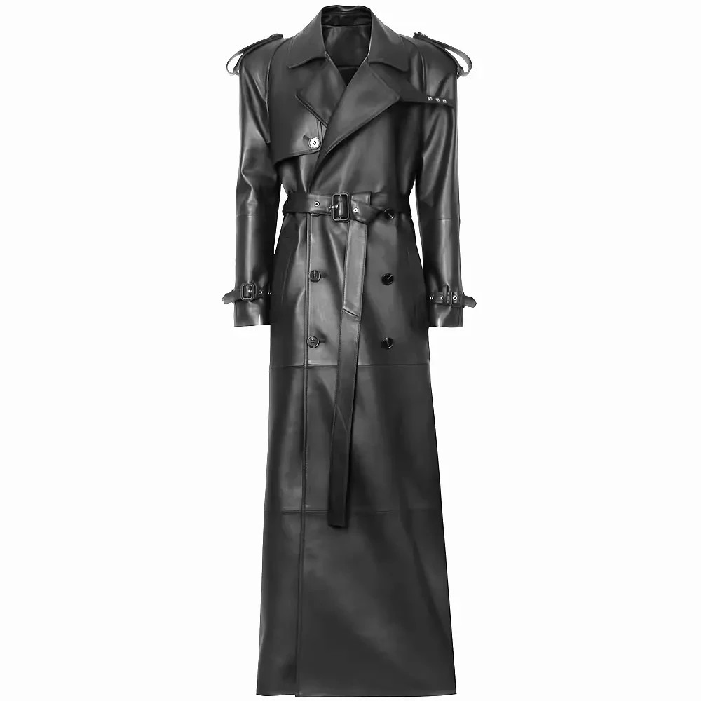 Real Leather Coat Long Black Trench Jacket Women Floor Length Size S M L XL 2XL