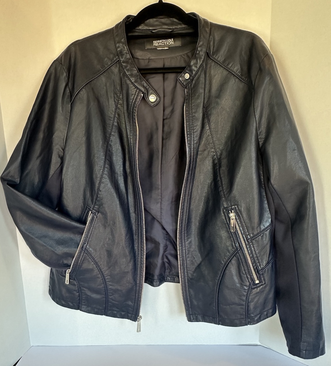 Kenneth Cole Reaction Moto Jacket Navy XL Stretch Faux Leather Designer Sturgis