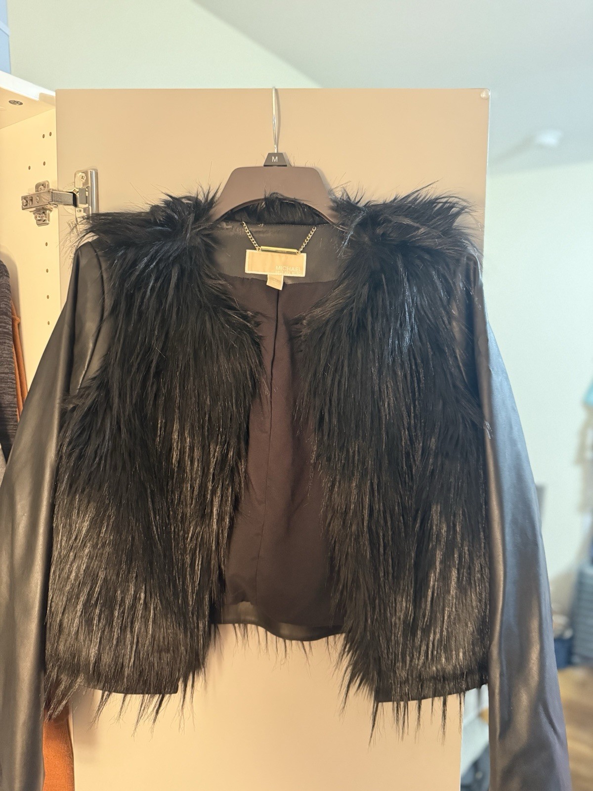 Michael Kors Women’s Black Open Front Jacket, Faux Fur Accents, Size M